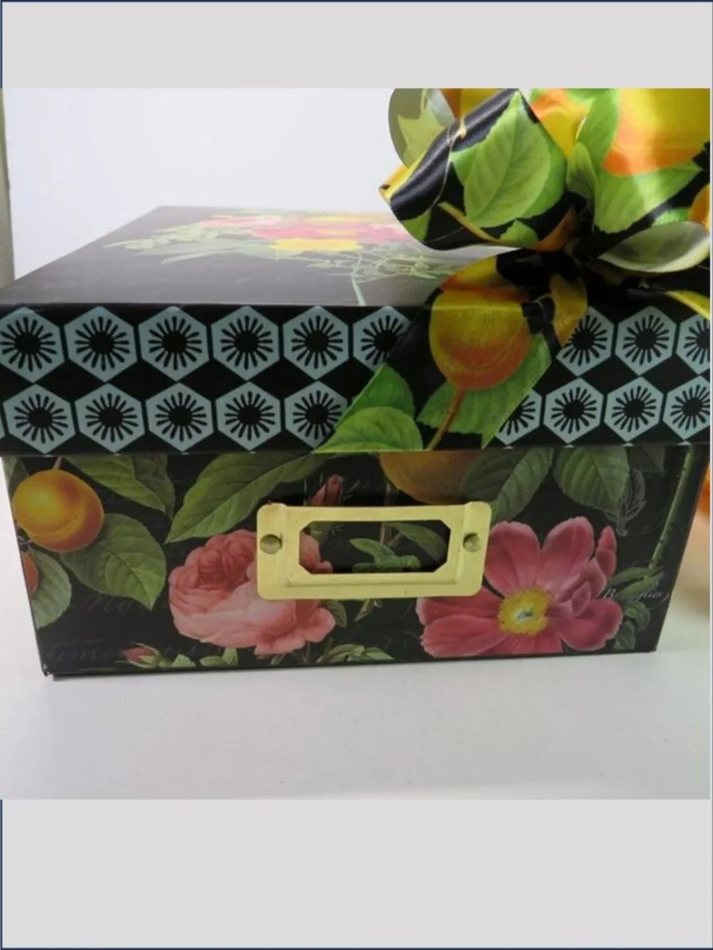 VTG Victorian Black Botanical Floral & Fruit Gift Box Storage 11x8 With Bow